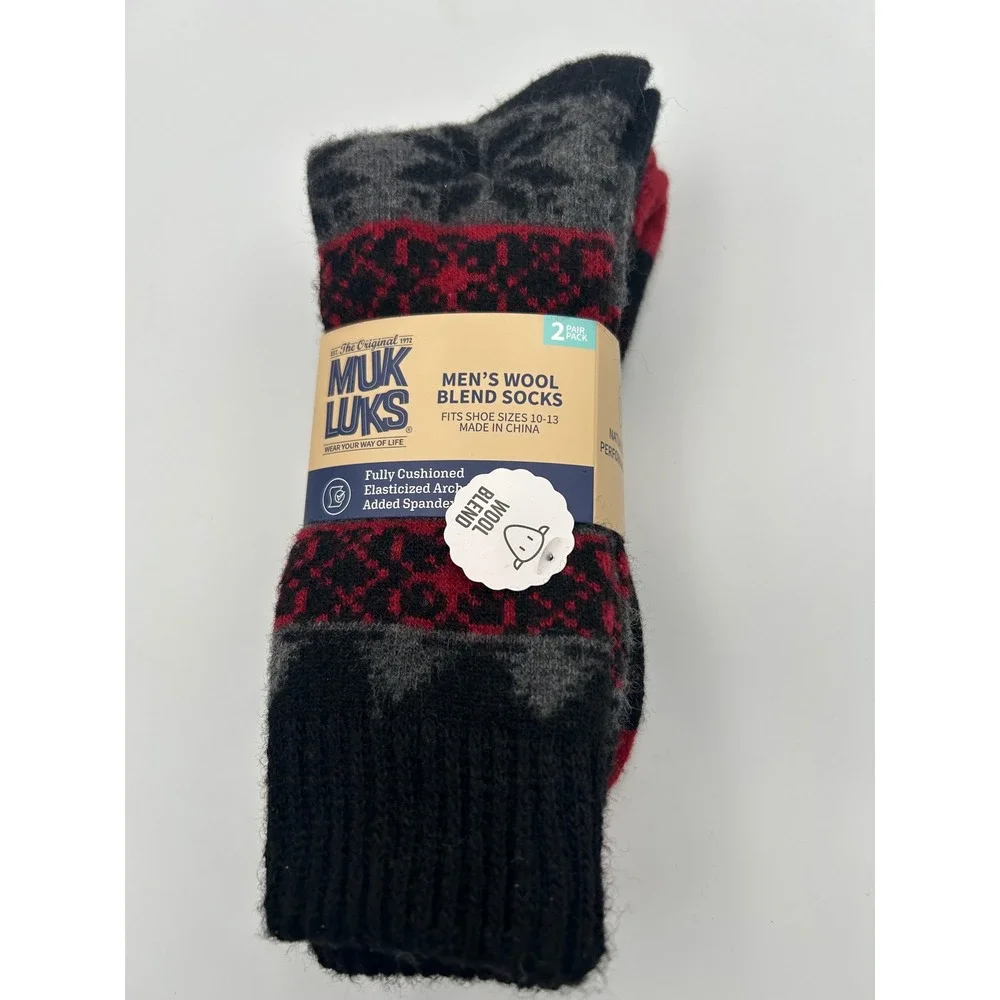 Muk Luks Mens Wool Blend‎ Socks 2 Pair Pack Black Red Fair Isle Shoe Size 10-13